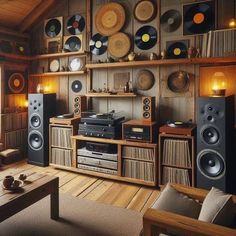 a living room filled with lots of wooden furniture and audio equipment on top of shelves