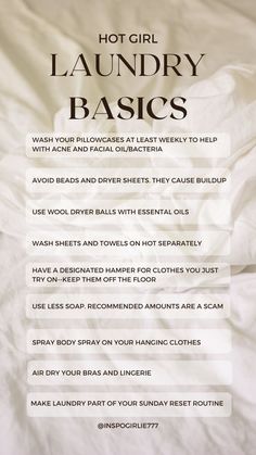 the instructions for how to wash your laundry basics on an unmade bed with white sheets