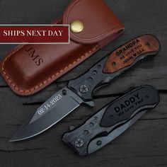 three knives with leather sheaths next to each other on a wooden table and the words, ships next day