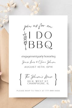 an image of a party card with the words i do bbq on it and flowers