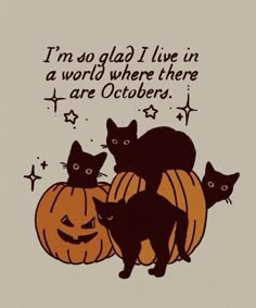 three cats sitting on top of a pumpkin with the words i'm so glad i live in a world where there are october