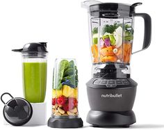 three blenders filled with different types of fruits and vegetables next to each other on a white background