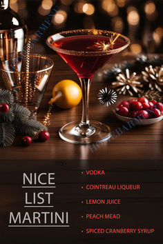 an advertisement for a cocktail bar with the names nice list martini