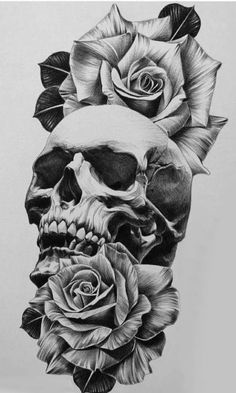 a skull with roses on it's head is shown in this tattoo art design