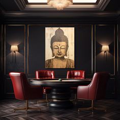 a dining room table with red chairs and a buddha painting on the wall above it