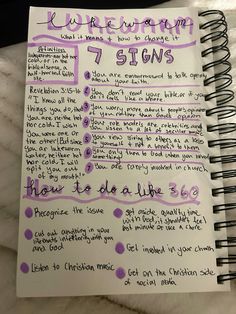 a spiral notebook with handwritten notes about the seven steps to becoming a christian woman