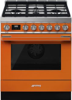 an orange stove with four burners and two oven doors on each side, in front of a white background