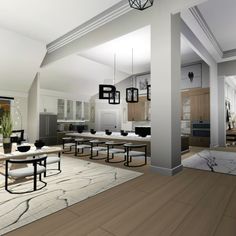 an artist's rendering of a dining room and kitchen area in a modern home