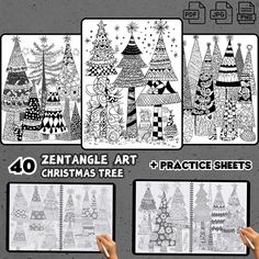 four christmas tree coloring pages for adults and children to color on the page with their hands