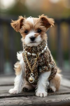 a small brown and white dog wearing a sweater