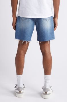 Perfectly faded cotton denim brings instant old-favorite status to shorts that are chopped off above the knees for a relaxed, easy-wearing look. 7 1/2" inseam; 25" leg opening; 12" front rise; 16" back rise (size 33) Zip fly with button closure Five-pocket style 80% regenerative cotton, 20% recycled cotton Machine wash, dry flat Imported Light Wash Jean Shorts For Streetwear, Relaxed Fit Shorts With Frayed Hem, Ripped Cotton Short Leg Jeans, Ripped Short Leg Cotton Jeans, Washed Shorts For Streetwear In Short Length, Ripped Short Leg Jeans, Casual Jean Shorts With Frayed Hem, Ripped Relaxed Fit Casual Shorts, Casual Ripped Jean Shorts With Relaxed Fit