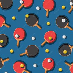 ping pong paddles and balls on a blue background with yellow pins in the middle