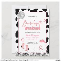 a pink and black cow print bachelor weekend party card