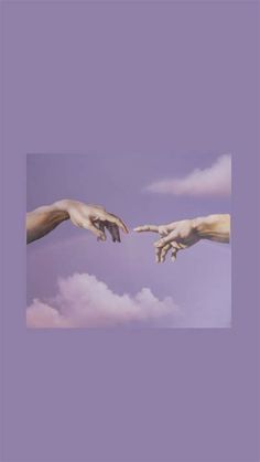 hands reaching out to touch each other in the air with clouds behind them and blue sky above