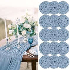 the table is set with blue linens and white flowers