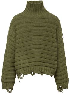 green wool blend knitted construction distressed effect signature numbers motif logo patch at the sleeve high neck drop shoulder long sleeves ribbed cuffs and hem Oversized Textured Knit High Neck Sweater, Green High Neck Knit Sweater, Green Textured Knit Turtleneck Sweater, Oversized Textured Knit Long Sleeve Turtleneck, Men Drip, Green Textured Knit Long Sleeve Sweater, Green Turtleneck, High Neck Jumper, Jacquard Sweater