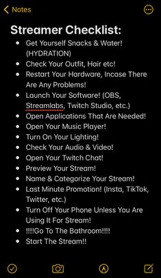 the text reads, streamer checklist get yourself snacks & water hydrant