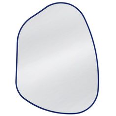 an oval mirror with blue trims on the bottom and top edge, in front of a white background