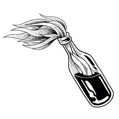 an ink drawing of a bottle with fire coming out of it, on a white background