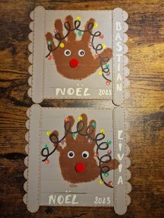 two christmas cards with reindeer faces on them