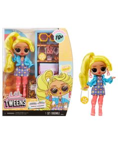 a toy doll with blonde hair and glasses in front of a cardboard box on a white background