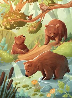 two brown bears are in the woods near a waterfall and some trees with birds on it