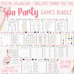 the spa party game bundle is shown with text