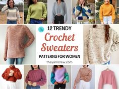 there are many different sweaters that can be found in this knitting pattern, and the text reads 12 trendy crochet sweaters patterns for women