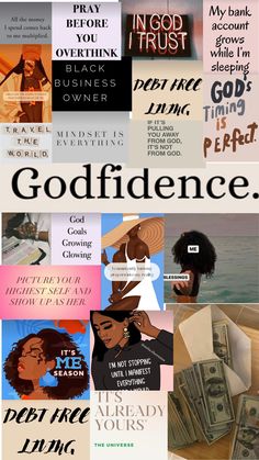 a collage of different images with the words, godflidence and money