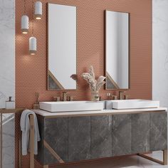 a bathroom with two sinks and mirrors on the wall next to each other in front of a tiled wall