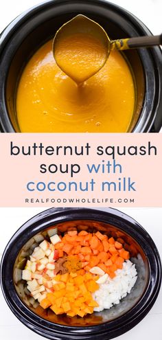 the ingredients to make butternut squash soup with coconut milk in a crock pot