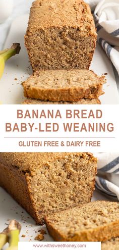 three slices of banana bread on top of each other with the text, gluten free and dairy free