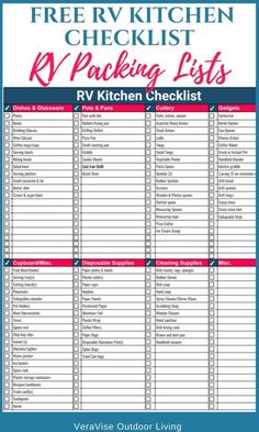 FREE RV Kitchen Packing List- If you are packing your RV for the first time, you don't want to forget any Kitchen essentials. Get this FREE RV Checklist for packing your kitchen when you SIGN UP for our Email Newsletter.  An RV Packing List is vital when Camping Packing Lists, Rv Packing List, Rv Trip Planner, Rv Checklist, Kitchen Checklist, Camper Kitchen, Camping Packing List, Travel Trailer Camping