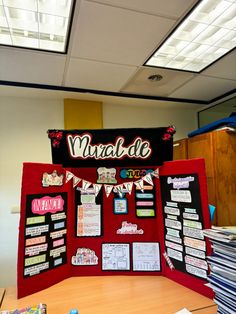 a bulletin board with several different types of papers hanging from it's sides in an office cubicle