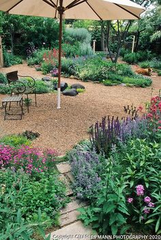 an umbrella is in the middle of a garden with purple flowers and green plants around it