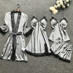 Season:Summer,Spring; Fabric:Satin; Sleeve Length:Short Pant,Long Sleeve; Gender:Women's; Quantity:4 Pieces; Nightwear Style:Sets,Pajamas; Style:Soft,Simple,Casual; Elasticity:Micro-elastic; Tops Type:Robe Top; Occasion:Home,Bed,Daily; Age Group:Adults; Function:Breathable; Pattern:Pure Color; Design:Elastic Waist; Neckline:V Wire; Bottom Type:Shorts; Listing Date:04/04/2023; Length:; Length [Bottom]:; Length [Top]:; Waist:; Bust: Pijamas Women, Pyjama Satin, Belted Robe, Silk Nightwear, Satin Sleepwear, Summer Pajamas, Cami Set, Satin Pyjama Set, Sleepwear Sets