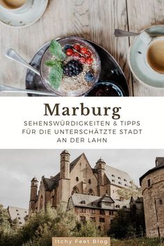 the cover of marburg's german travel guide on a wooden table with two cups of coffee