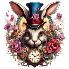 a rabbit wearing a top hat and holding a clock with roses around it's neck