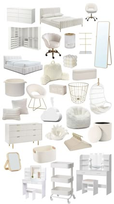 a collage of white furniture and accessories