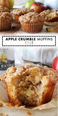 an apple crumble muffin is cut in half