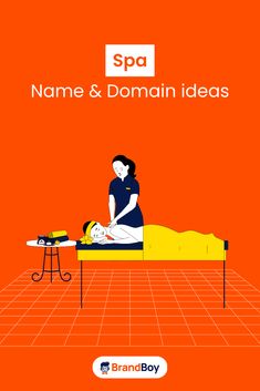 a woman is laying down on the bed with an orange background and text that reads spa name & domain ideas