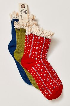 So perfect pair of socks featured in a waffle knit fabrication and crew-style with feminine floral detailing, dainty ruffled trim, and a seamed heel and toe. * Pack of 3 pairs | Ruffle Sock Pack by Free People in Red Ruffle Sock, Vintage Socks, Ruffled Socks, Summer Sock, Sock Packs, Red Fits, Cute Socks, Wool Socks, Boho Clothing