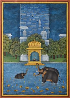 an elephant and its baby are in the water near a gazebo with buildings in the background