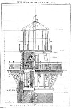 an old drawing of a lighthouse on the side of a building with stairs and railings