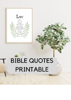 a living room with a chair, potted plant and bible quote on the wall