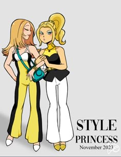 two women standing next to each other in front of a gray background with the words style princess on it