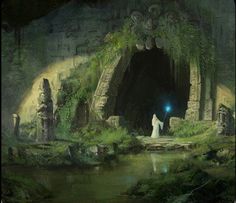 a painting of a cave entrance with a person standing in the doorway looking at something