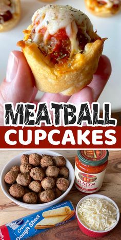 meatball cupcakes with cheese and sauce in the background