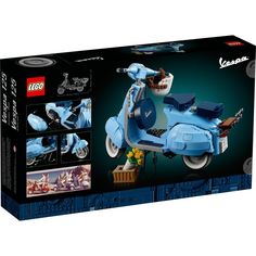 a box with a blue motorcycle in it's front and side view on the inside