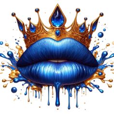 blue lips with gold crown on top and dripping paint all over the lip, making it look like they have been painted